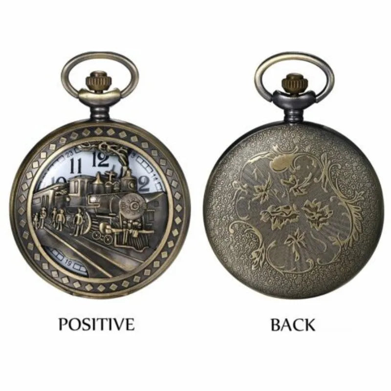 Retro Bronze Train Motif Analog Quartz Pocke with Necklace Chain Cool Pendant Clock Gift for Male Men  Watches Vintage Clock