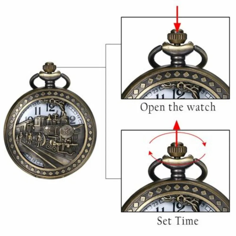Retro Bronze Train Motif Analog Quartz Pocke with Necklace Chain Cool Pendant Clock Gift for Male Men  Watches Vintage Clock
