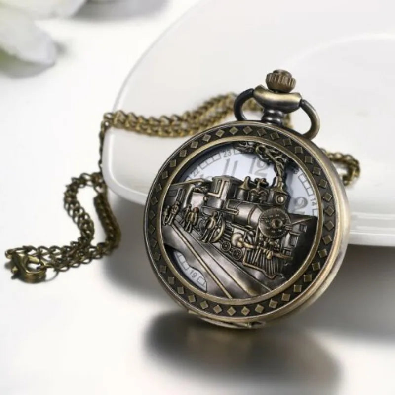 Retro Bronze Train Motif Analog Quartz Pocke with Necklace Chain Cool Pendant Clock Gift for Male Men  Watches Vintage Clock