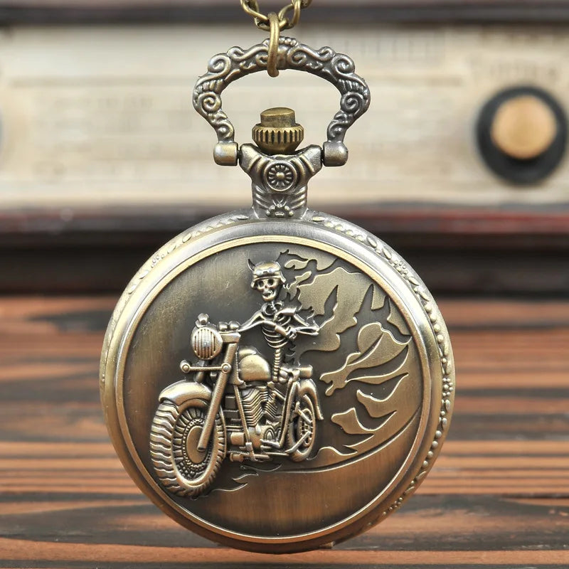 Retro Bronze Skeleton Motorcycle Design Pendant Quartz Pocket Watch with Necklace Chain Men's Gift Clock