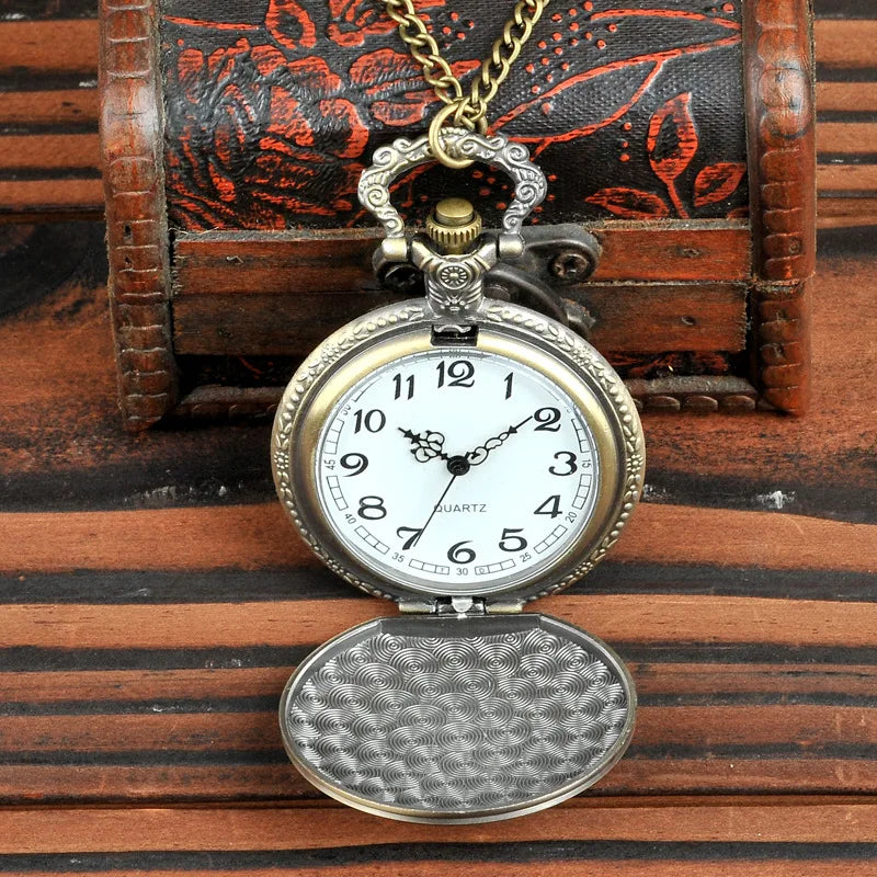 Retro Bronze Skeleton Motorcycle Design Pendant Quartz Pocket Watch with Necklace Chain Men's Gift Clock
