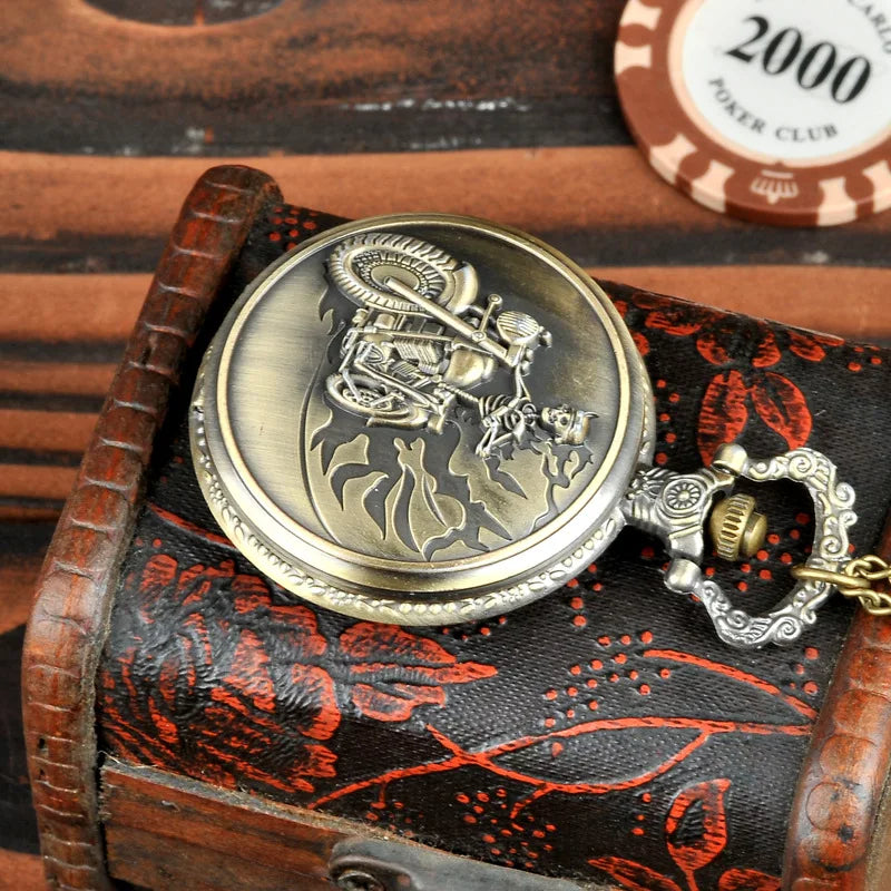 Retro Bronze Skeleton Motorcycle Design Pendant Quartz Pocket Watch with Necklace Chain Men's Gift Clock