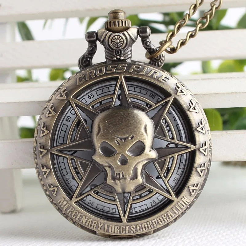 Retro Bronze Cross Fire Punk Headshot Skull Quartz Pocket Watch Men Fans Souvenir Gifts with 80cm Neck Chain Relogio