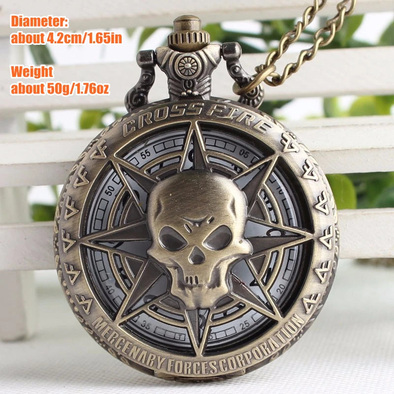 Retro Bronze Cross Fire Punk Headshot Skull Quartz Pocket Watch Men Fans Souvenir Gifts with 80cm Neck Chain Relogio
