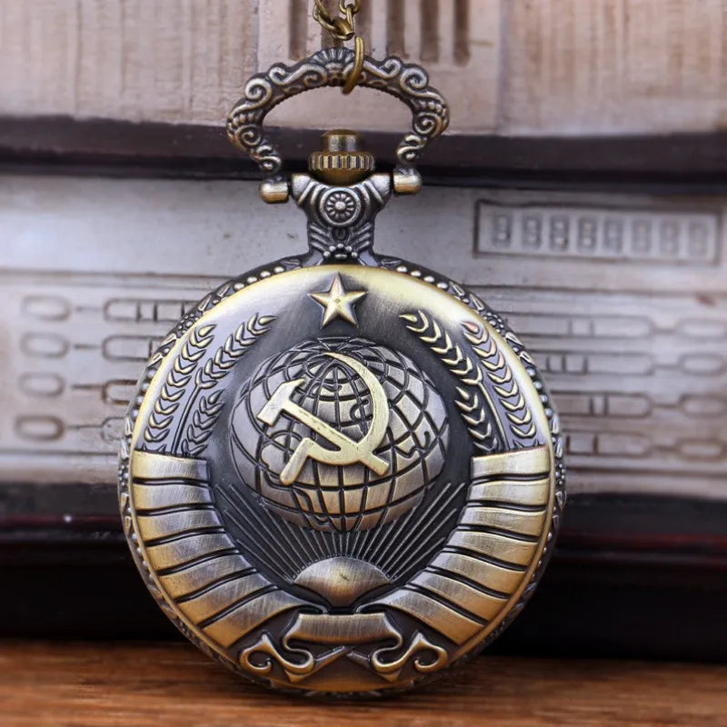 Retro Bronze Sickle Hammer Style Quartz Pocket Watch Men Fans Souvenir Gifts with 80cm Neck Chain  Relogio