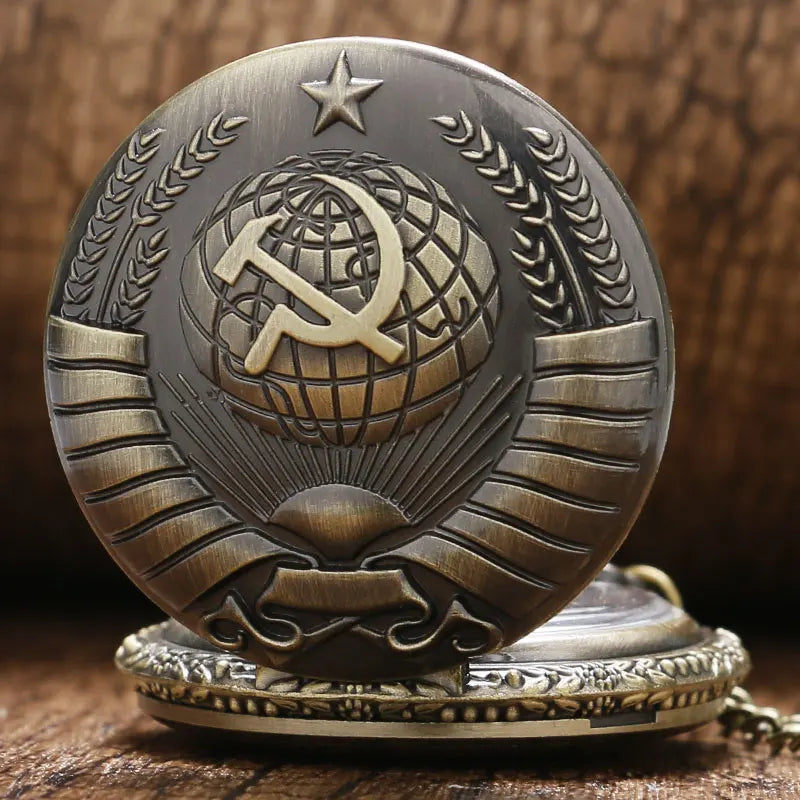 Retro Bronze Sickle Hammer Style Quartz Pocket Watch Men Fans Souvenir Gifts with 80cm Neck Chain  Relogio