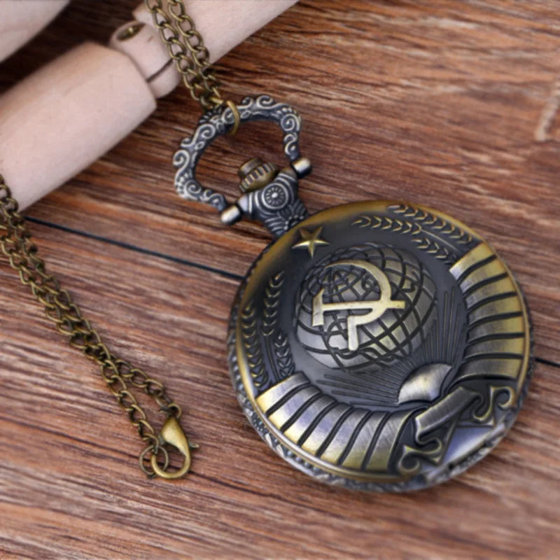 Retro Bronze Sickle Hammer Style Quartz Pocket Watch Men Fans Souvenir Gifts with 80cm Neck Chain  Relogio