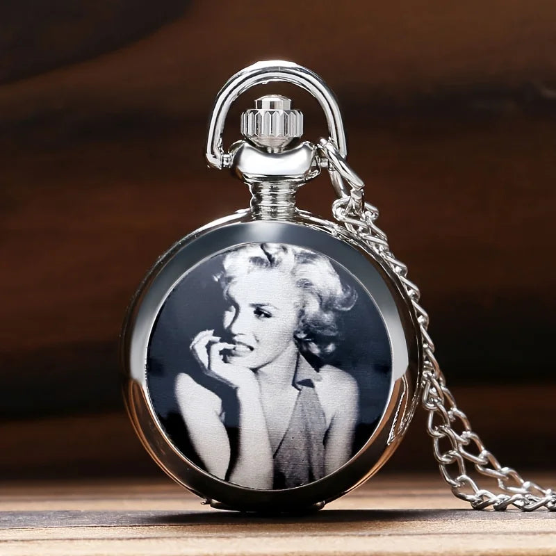 Retro Marilyn Monroe Enamel Small Silver Quartz Pocket Watch with Necklace Chain Leisure Pendant Gift for Mom Clock
