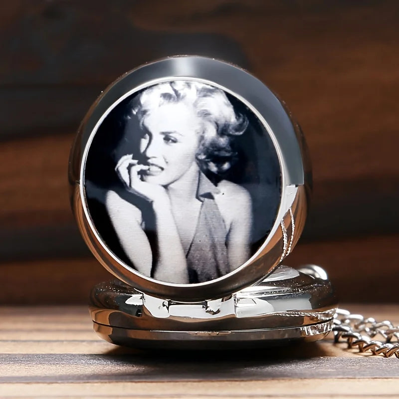 Retro Marilyn Monroe Enamel Small Silver Quartz Pocket Watch with Necklace Chain Leisure Pendant Gift for Mom Clock