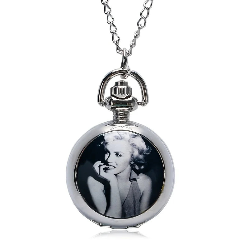 Retro Marilyn Monroe Enamel Small Silver Quartz Pocket Watch with Necklace Chain Leisure Pendant Gift for Mom Clock