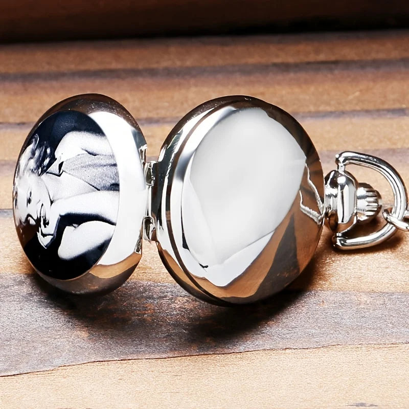 Retro Marilyn Monroe Enamel Small Silver Quartz Pocket Watch with Necklace Chain Leisure Pendant Gift for Mom Clock