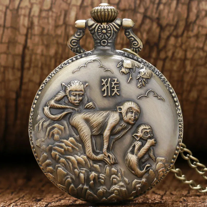 Vintage 3D Monkey Design Bronze Quartz Pocket Watch With Necklace Chain Gift for Male Women Chronograph Hombre Relojes