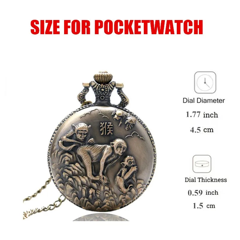Vintage 3D Monkey Design Bronze Quartz Pocket Watch With Necklace Chain Gift for Male Women Chronograph Hombre Relojes