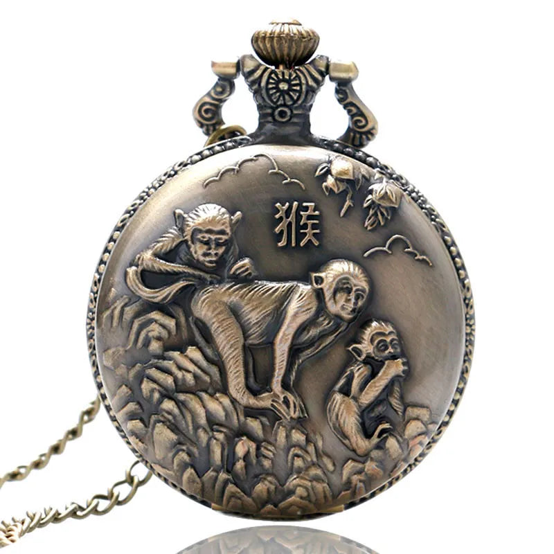 Vintage 3D Monkey Design Bronze Quartz Pocket Watch With Necklace Chain Gift for Male Women Chronograph Hombre Relojes