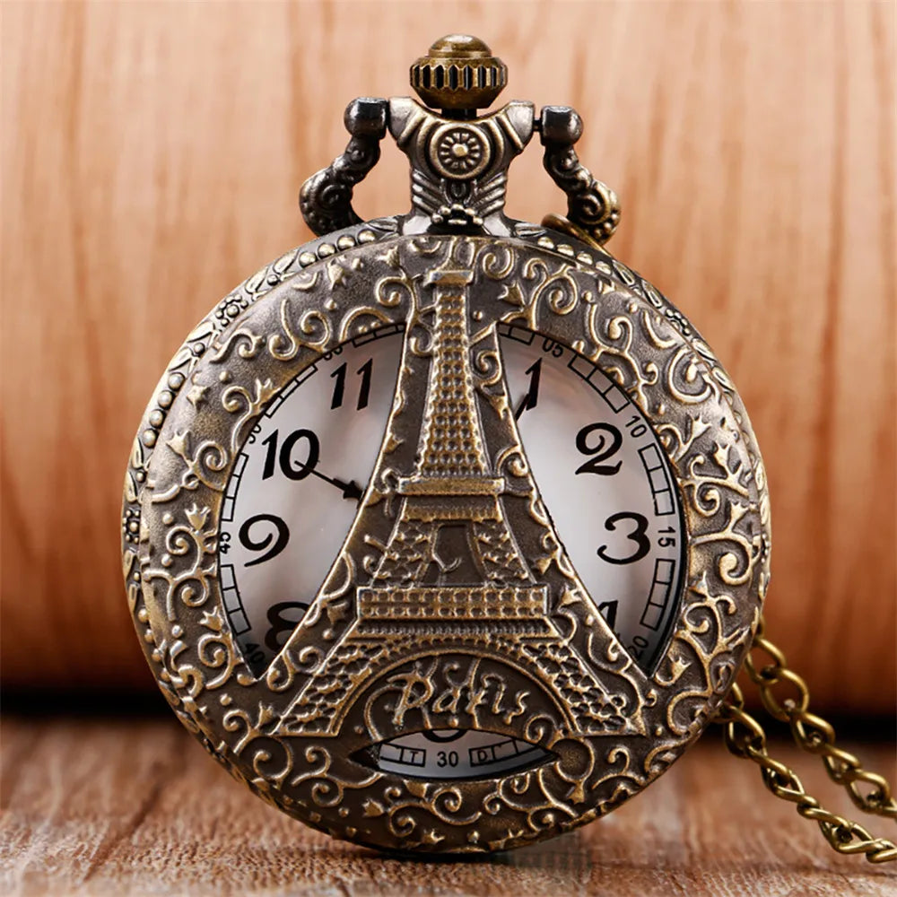 Retro Bronze Classic Exquisite Eiffel Tower Necklace Pendant Pocket Watch Cool Clock Gift for Men Women Vintage Watches
