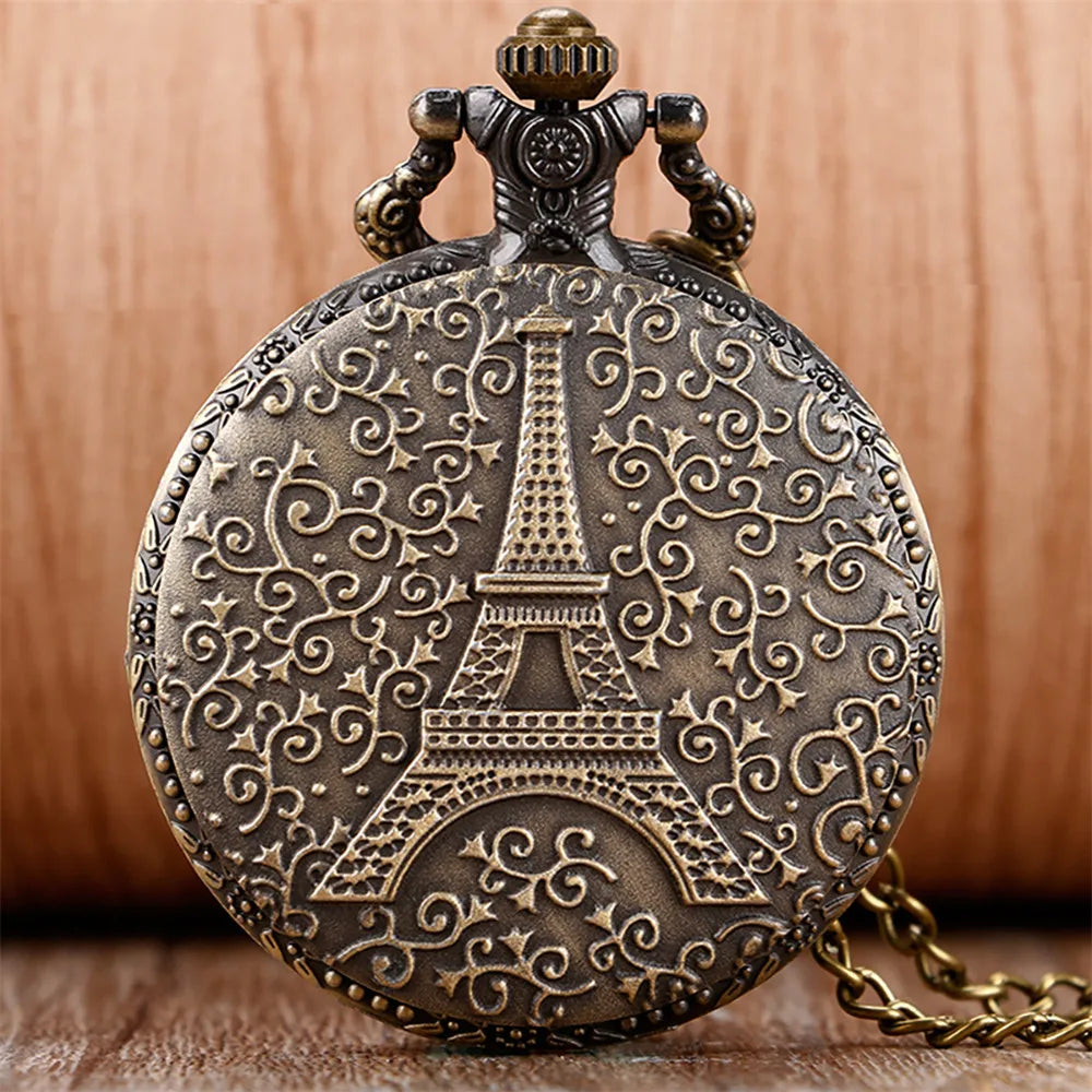 Retro Bronze Classic Exquisite Eiffel Tower Necklace Pendant Pocket Watch Cool Clock Gift for Men Women Vintage Watches