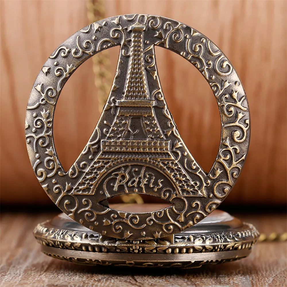 Retro Bronze Classic Exquisite Eiffel Tower Necklace Pendant Pocket Watch Cool Clock Gift for Men Women Vintage Watches