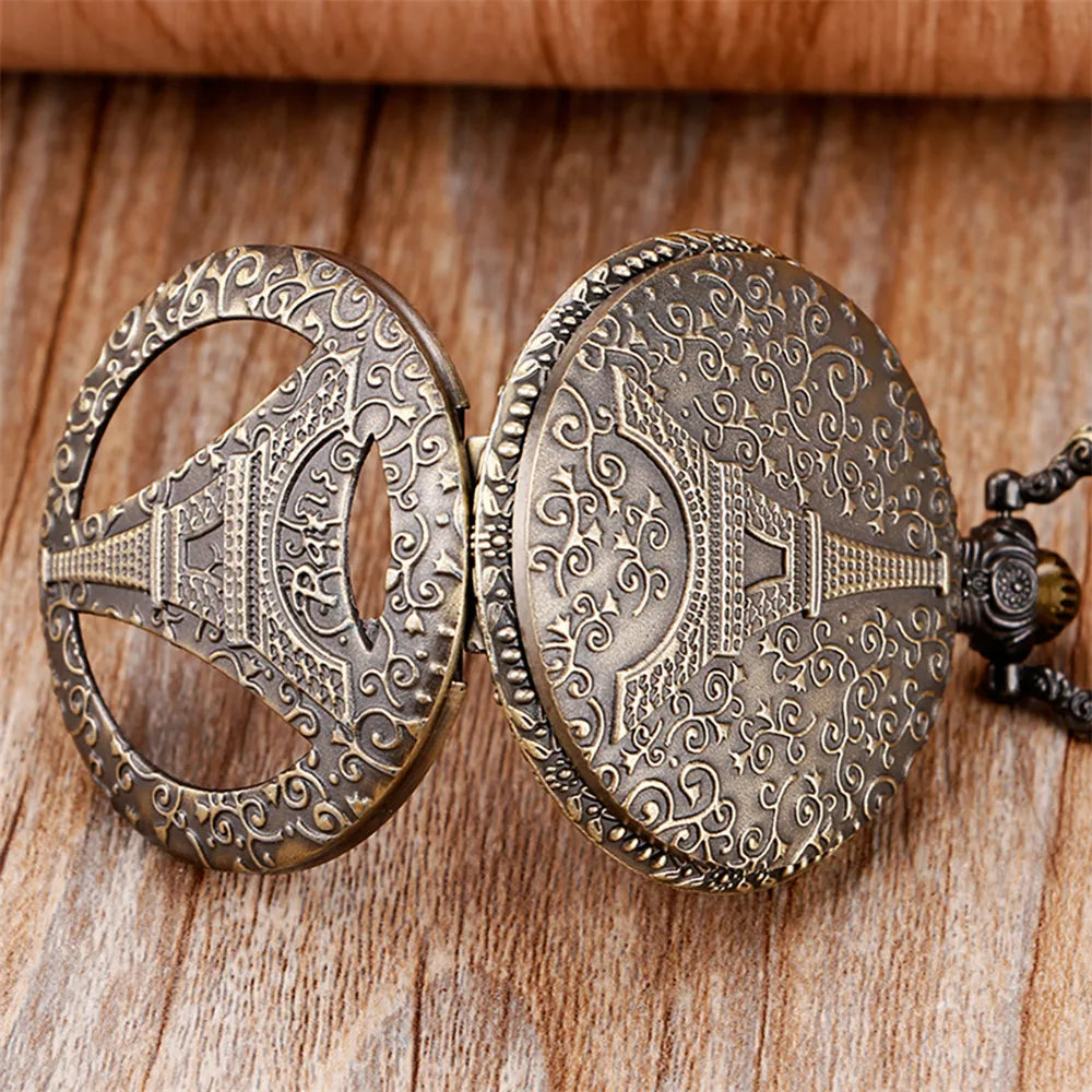 Retro Bronze Classic Exquisite Eiffel Tower Necklace Pendant Pocket Watch Cool Clock Gift for Men Women Vintage Watches