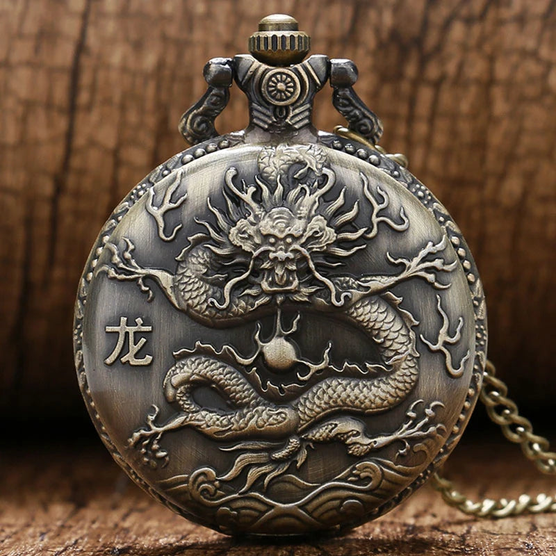 Unique Vintage Bronze Dragon Pocket Watch with Necklace Chain Cool Pendant Clock Gift for Men Vintage Watches