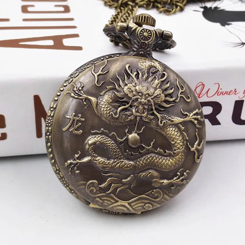 Unique Vintage Bronze Dragon Pocket Watch with Necklace Chain Cool Pendant Clock Gift for Men Vintage Watches