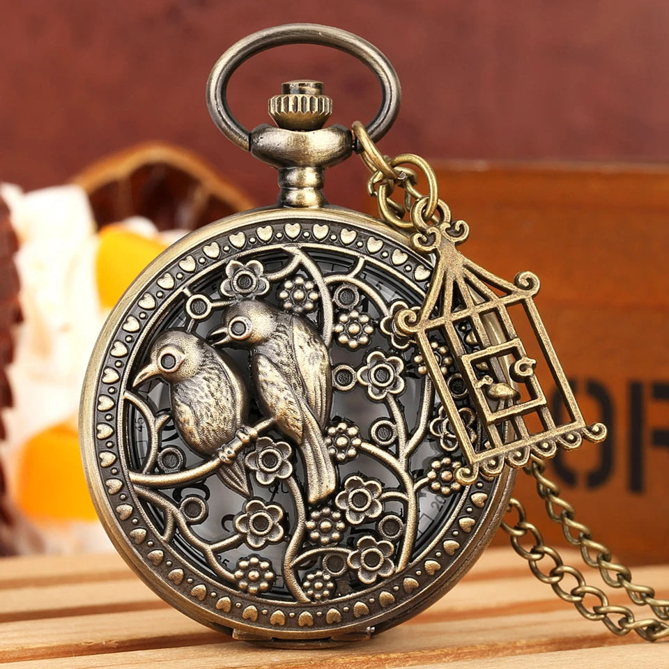 Retro Bronze Unique Design Two Birds Animal Pocket Watch Gift for Male Women Vintage Clock Chronograph Hombre Relojes