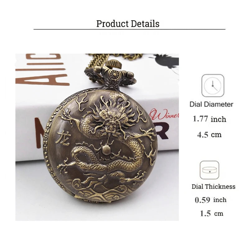 Unique Vintage Bronze Dragon Pocket Watch with Necklace Chain Cool Pendant Clock Gift for Men Vintage Watches