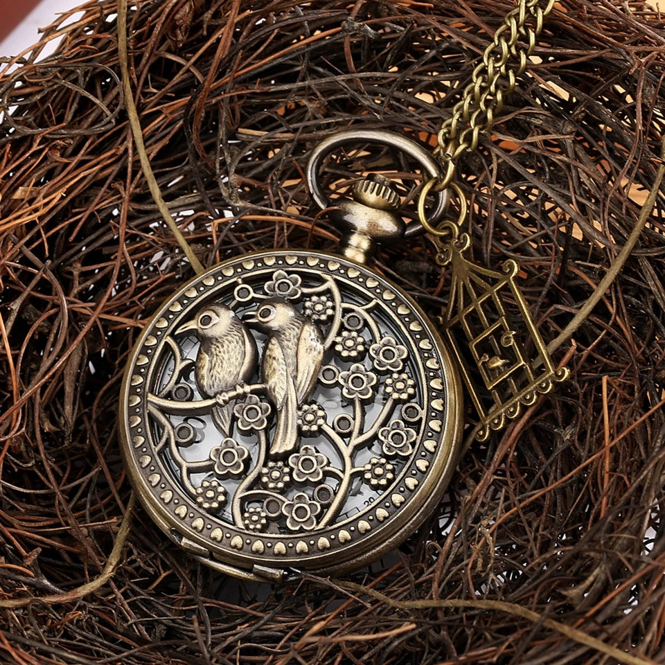 Retro Bronze Unique Design Two Birds Animal Pocket Watch Gift for Male Women Vintage Clock Chronograph Hombre Relojes