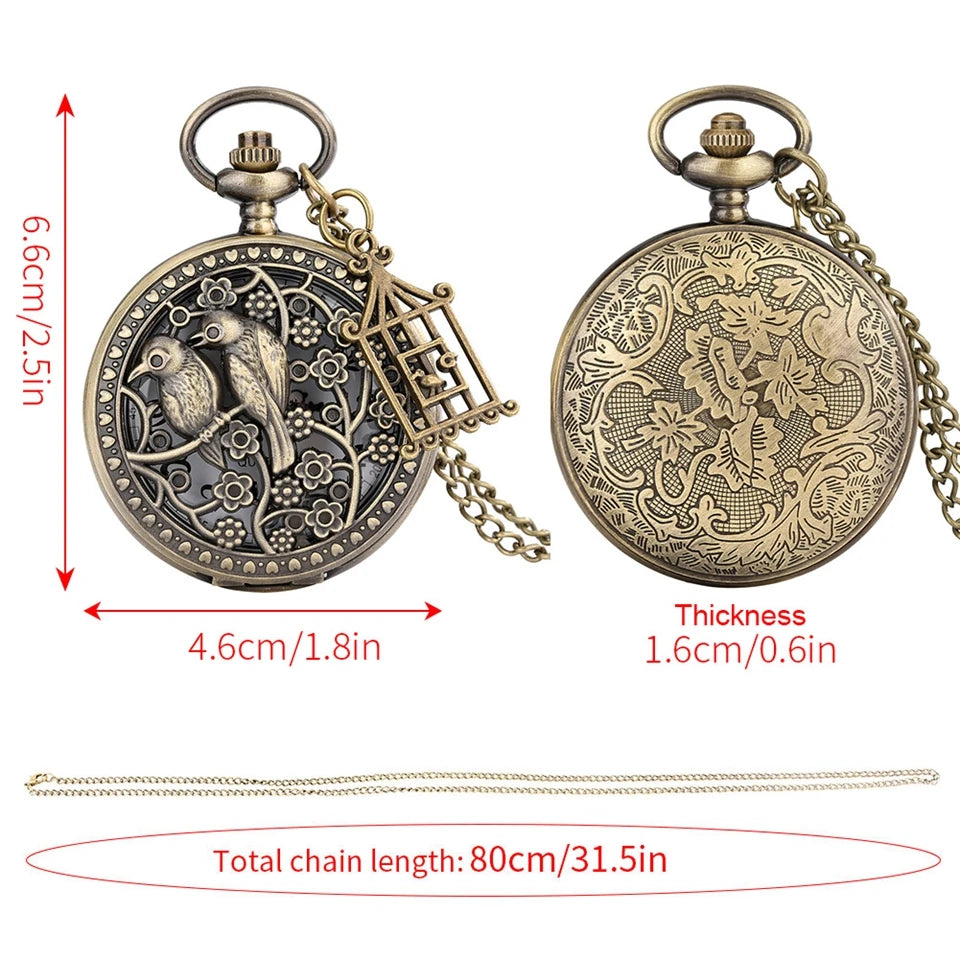 Retro Bronze Unique Design Two Birds Animal Pocket Watch Gift for Male Women Vintage Clock Chronograph Hombre Relojes