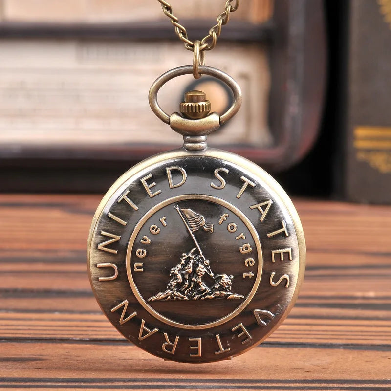 Retro Watch Quatz Remember The History "United States Veteran" Bronze Pocket Watch With Necklace Chain Cool Pendant Clock Gift