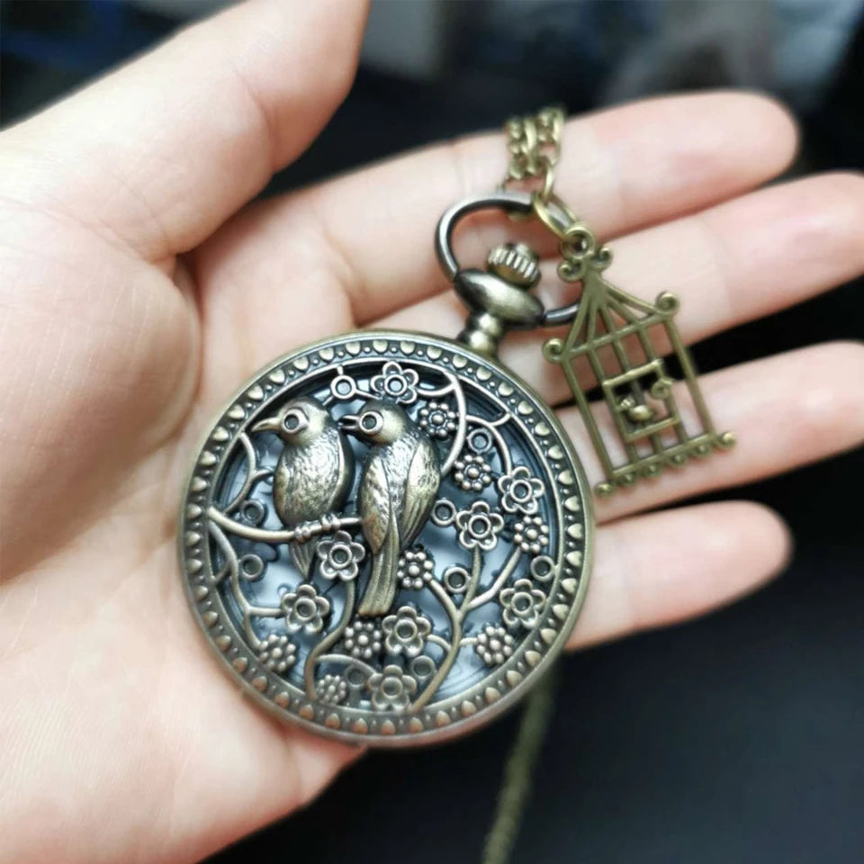 Retro Bronze Unique Design Two Birds Animal Pocket Watch Gift for Male Women Vintage Clock Chronograph Hombre Relojes