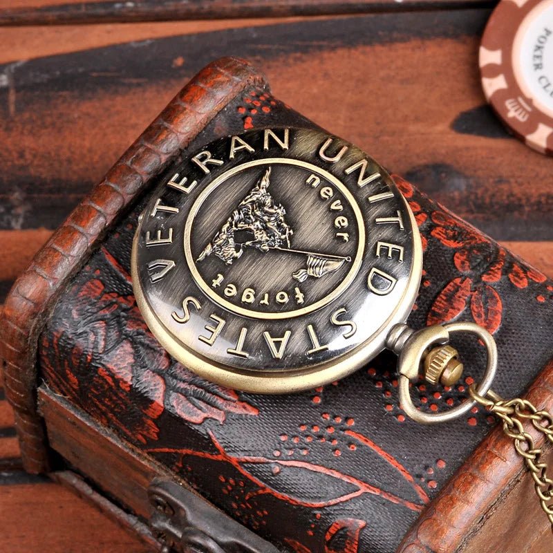 Retro Watch Quatz Remember The History "United States Veteran" Bronze Pocket Watch With Necklace Chain Cool Pendant Clock Gift