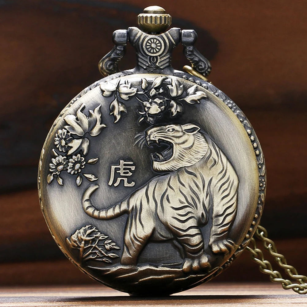 Vintage Bronze Tiger Fashion Quartz Pocket Watch with Necklace Chain Cool Pendant Clock Gift Men Boys Masculino Relogios