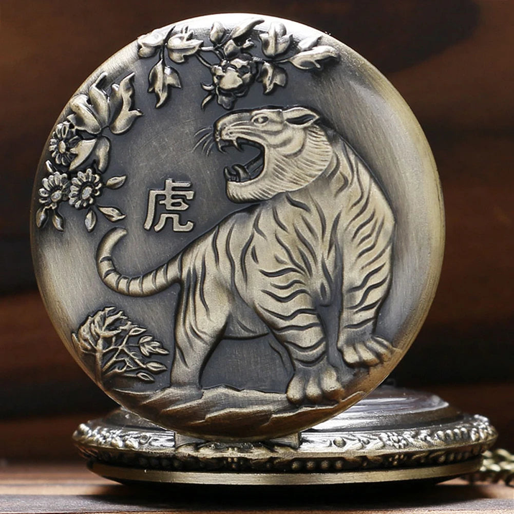 Vintage Bronze Tiger Fashion Quartz Pocket Watch with Necklace Chain Cool Pendant Clock Gift Men Boys Masculino Relogios