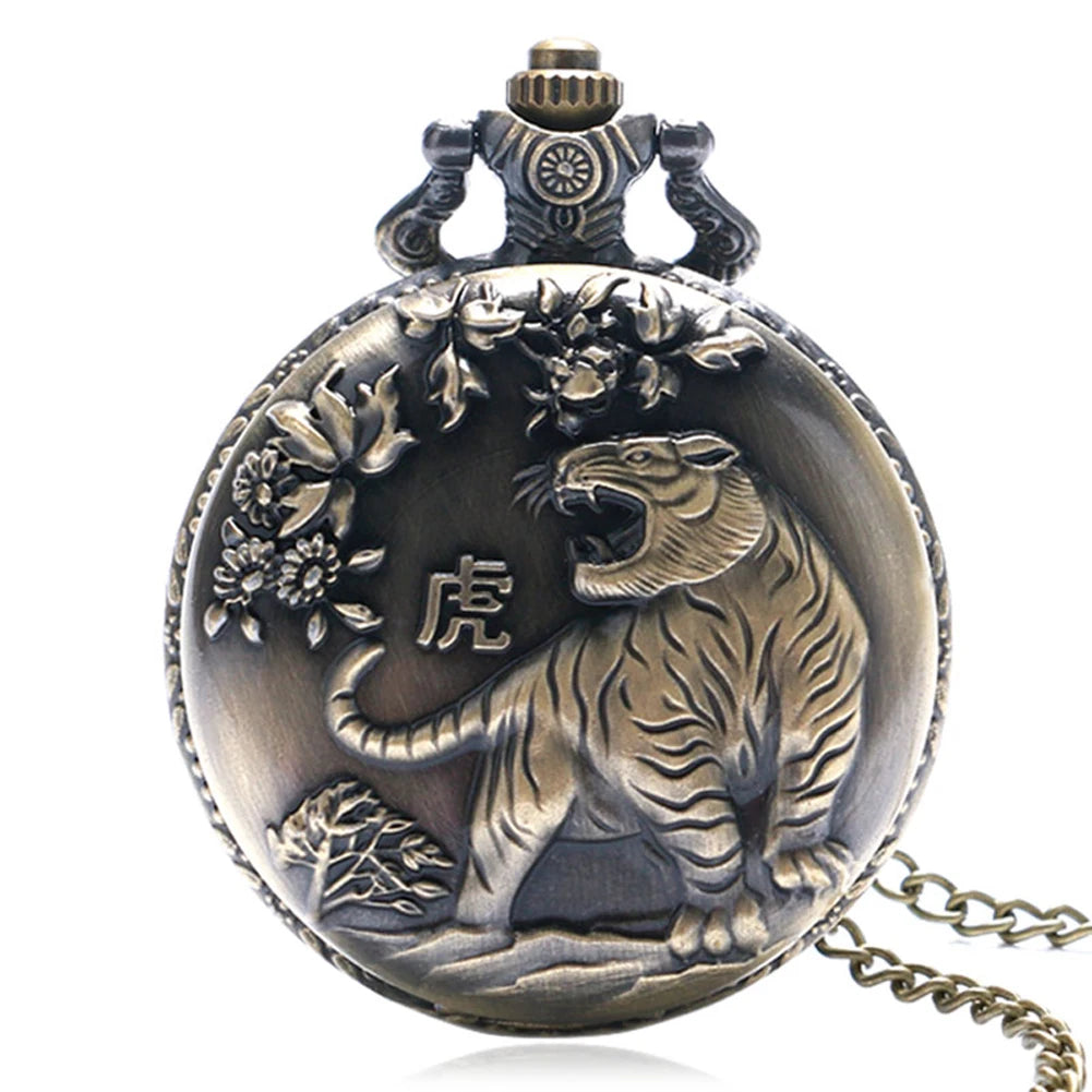 Vintage Bronze Tiger Fashion Quartz Pocket Watch with Necklace Chain Cool Pendant Clock Gift Men Boys Masculino Relogios