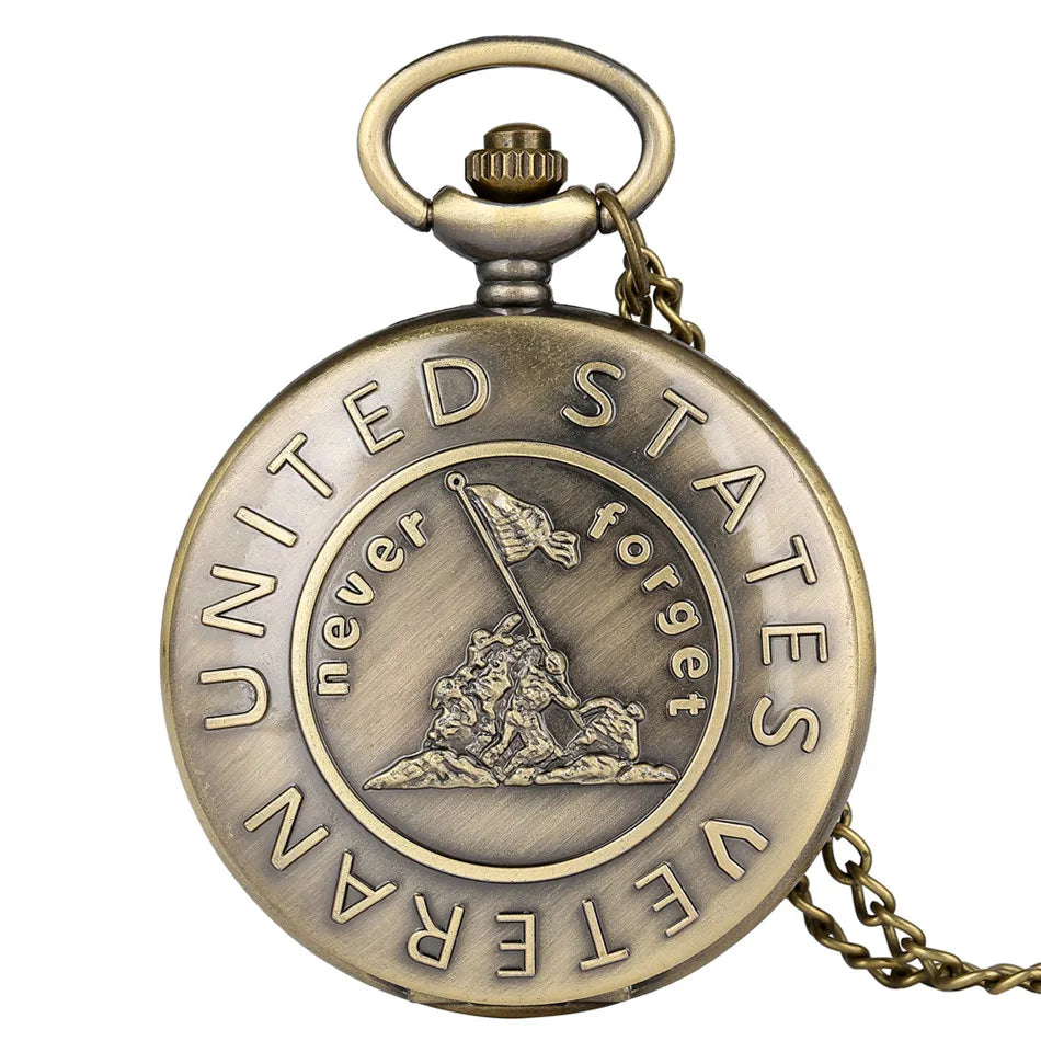 Retro Watch Quatz Remember The History "United States Veteran" Bronze Pocket Watch With Necklace Chain Cool Pendant Clock Gift