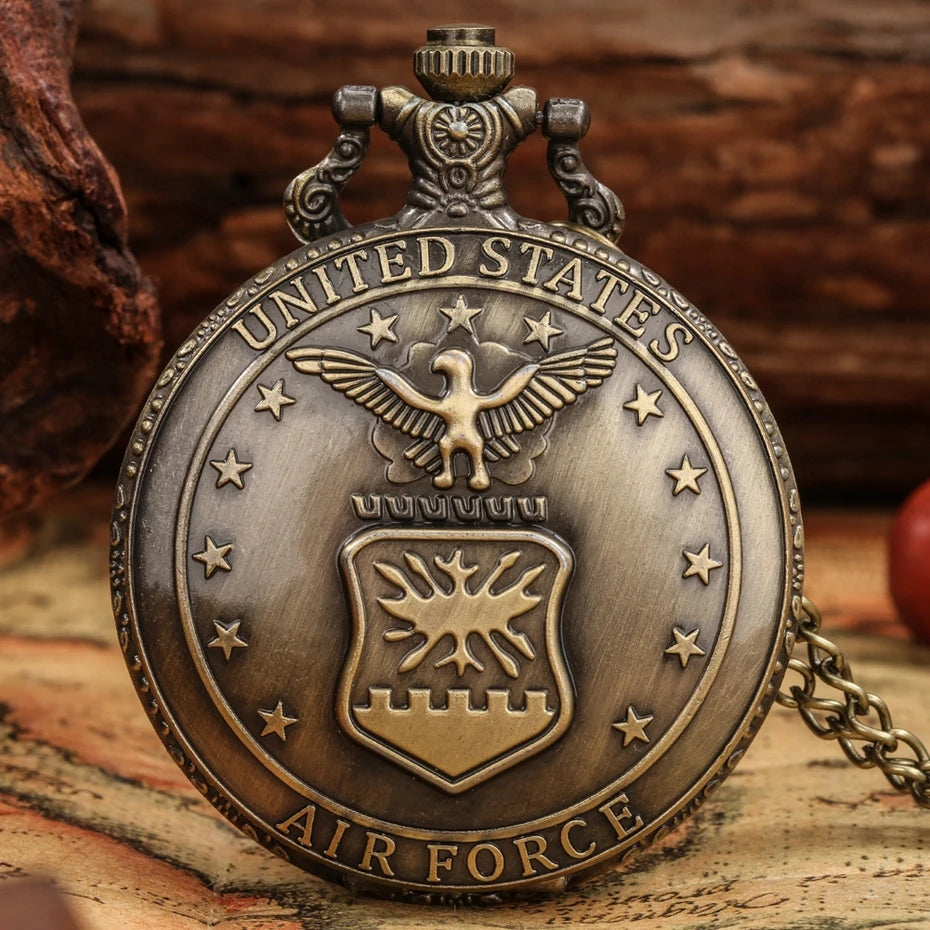 Exquisite Bronze Air Force Eagle Stars United State Quartz Pocket Watch Men Fans Souvenir Gifts with 80cm Neck Chain Gift Watch