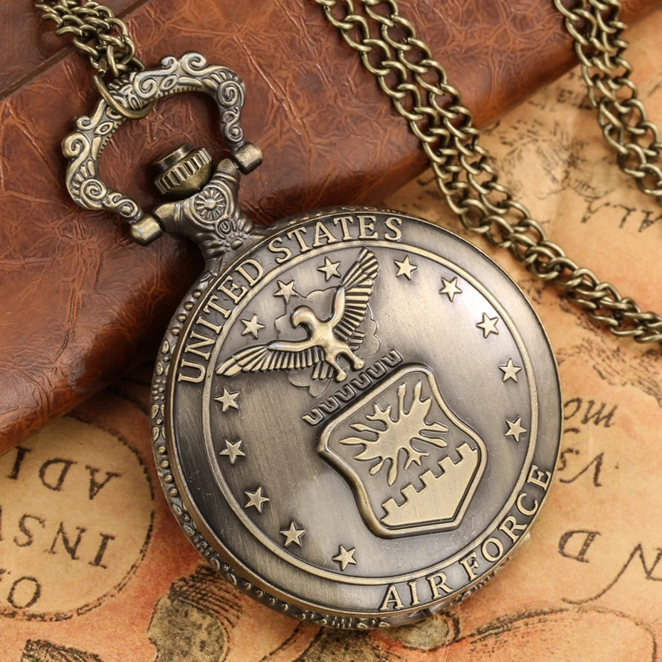 Exquisite Bronze Air Force Eagle Stars United State Quartz Pocket Watch Men Fans Souvenir Gifts with 80cm Neck Chain Gift Watch