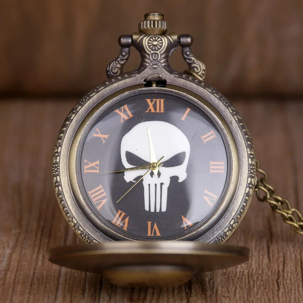 Vintage Cool Skull Bronze Roman Numeral Dial Quartz Pocket Watch Gift Pendant Clock For Mlae Kids Relogio Saati