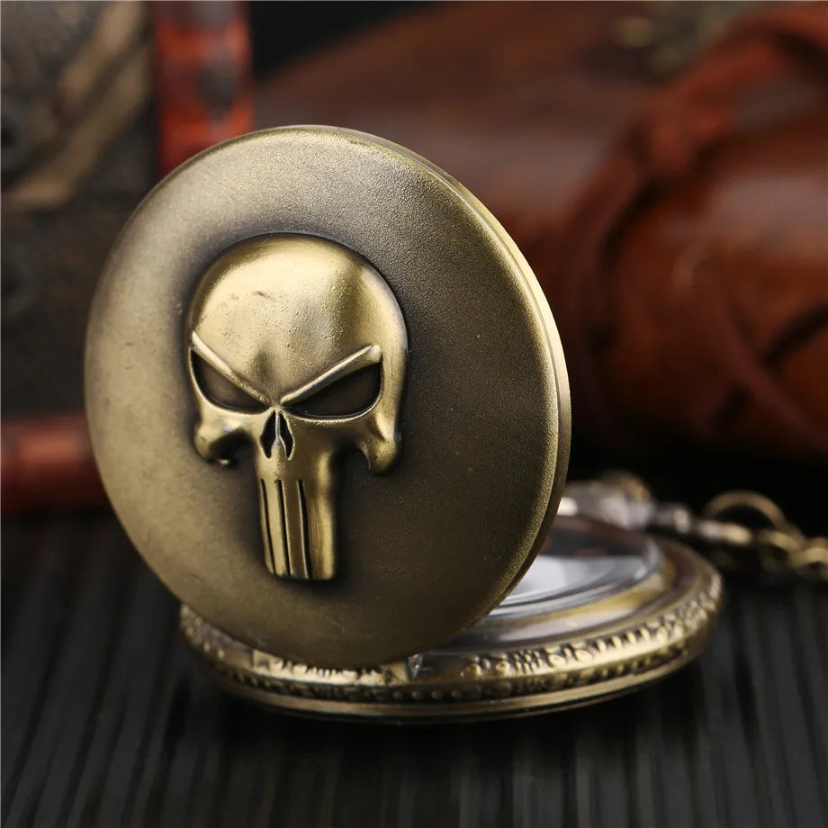 Vintage Cool Skull Bronze Roman Numeral Dial Quartz Pocket Watch Gift Pendant Clock For Mlae Kids Relogio Saati