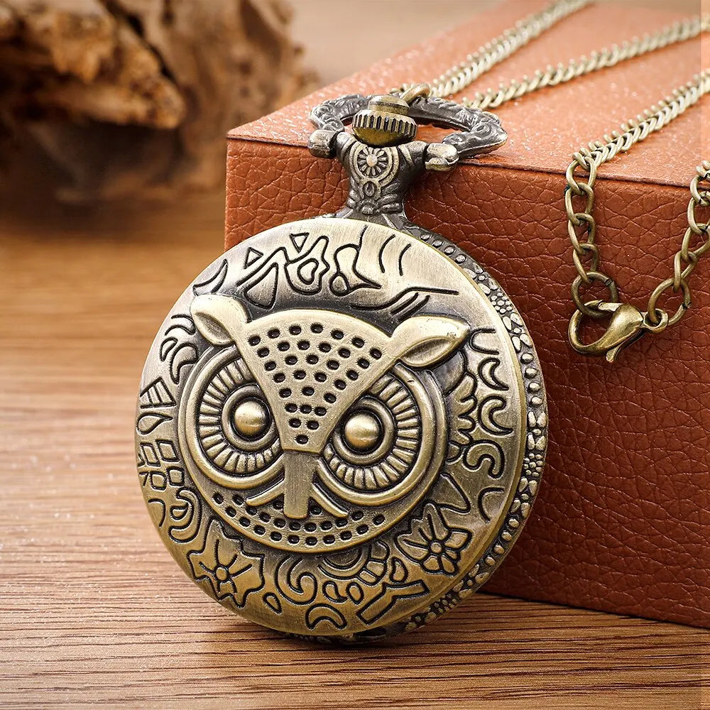 Vintage Bronze Cute Owl Quartz Pocket Watch With Necklace Movement Gift Pendant Clock For Mlae Kids Relogio Saati