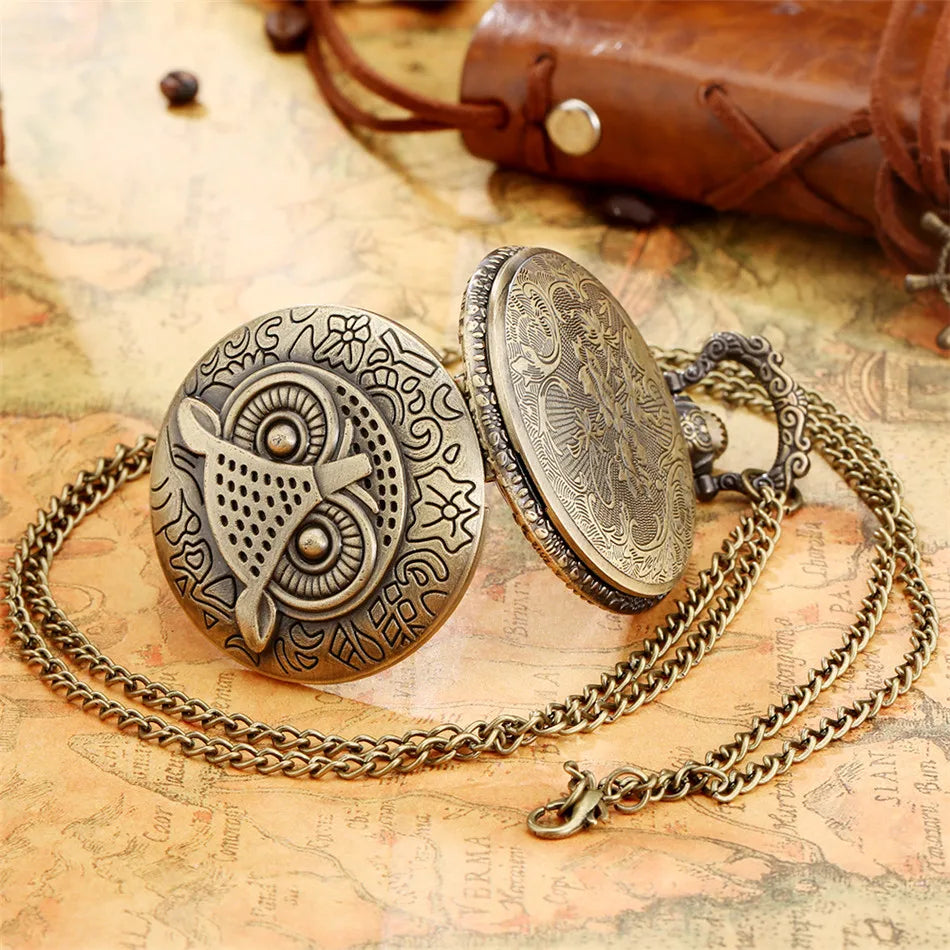 Vintage Bronze Cute Owl Quartz Pocket Watch With Necklace Movement Gift Pendant Clock For Mlae Kids Relogio Saati