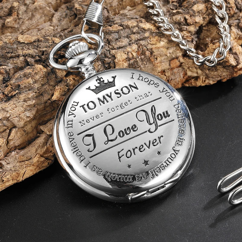 Vintage Unique TO MY SON Quartz Pocket Watch with Necklace Chain Cool Pendant Clock Best Gift for Male Child Watches
