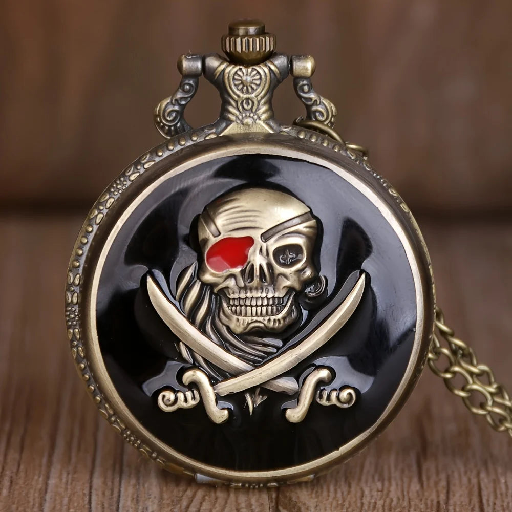 Retro Punk  Pirate Captain Double Knife Quartz Pocket Watch with Necklace Chain Pendant Gift for Male Men Vintage Clock