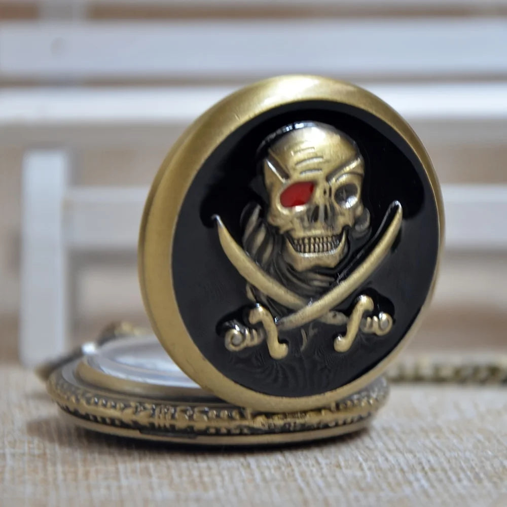 Retro Punk  Pirate Captain Double Knife Quartz Pocket Watch with Necklace Chain Pendant Gift for Male Men Vintage Clock