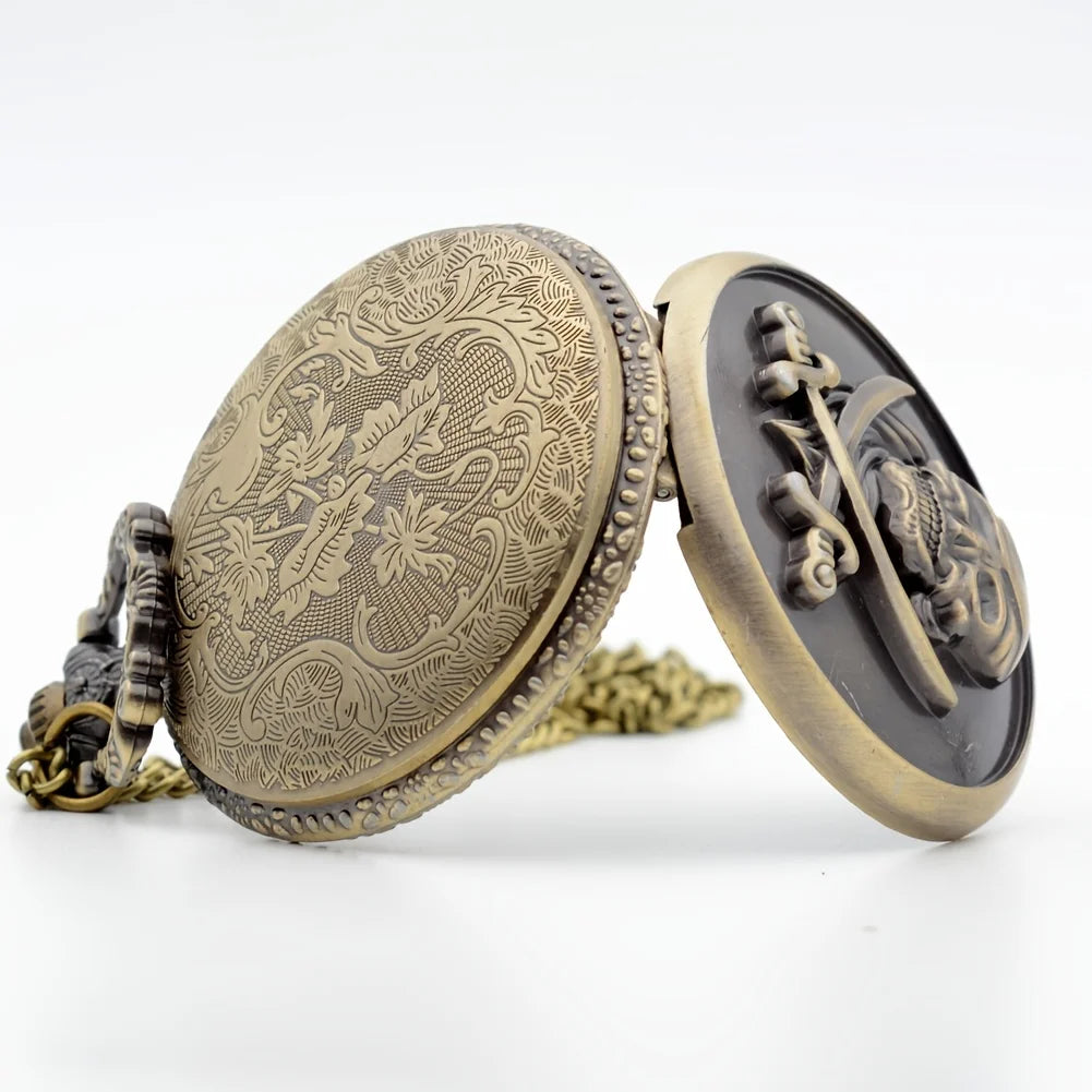 Retro Punk  Pirate Captain Double Knife Quartz Pocket Watch with Necklace Chain Pendant Gift for Male Men Vintage Clock