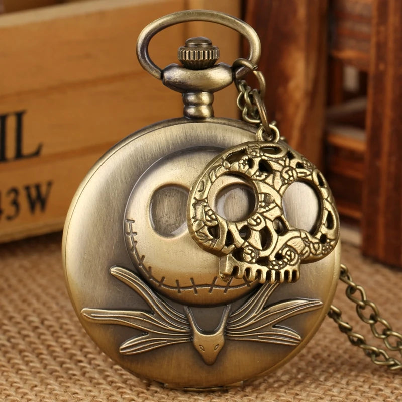 Retro Bronze Skull Charm Quartz Pocket Watch with Necklace Chain Pendant Gift for Male Kids Clock