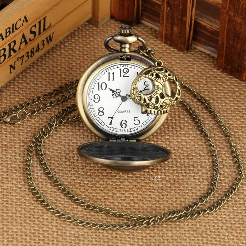 Retro Bronze Skull Charm Quartz Pocket Watch with Necklace Chain Pendant Gift for Male Kids Clock