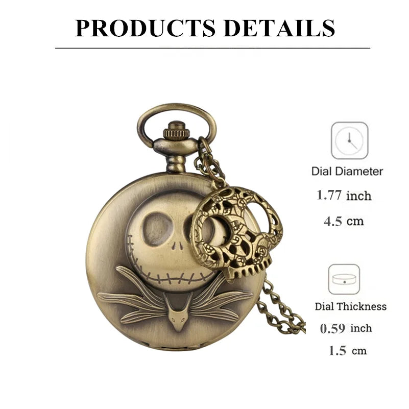 Retro Bronze Skull Charm Quartz Pocket Watch with Necklace Chain Pendant Gift for Male Kids Clock