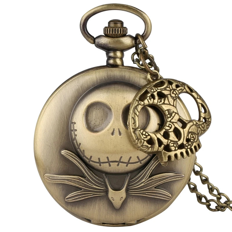 Retro Bronze Skull Charm Quartz Pocket Watch with Necklace Chain Pendant Gift for Male Kids Clock