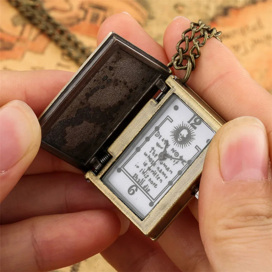 Vintage Pocket Watch Death Note Book Square Shape Quartz Watches Men Fans Souvenir Students Gifts Neck Chain Relogio Saati